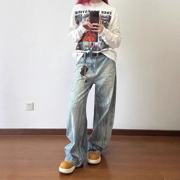 Men's Clothing Distressed Light Blue Baggy Jeans For Men & Women - Vintage Washed High Waist Straight Leg Denim Pants With Cat Whisker Details_mkmklike.com