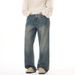 Men's Autumn/Winter Retro Casual Loose Straight Leg Jeans Midweight Cotton Washed Distressed Versatile Wide Leg Blue Black_mkmklike.com