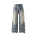 Men's Ripped Straight Leg Jeans High Street Style Slightly Flared Distressed Washed Loose Fit Cool Trendy Street Style Trousers_mkmklike.com
