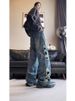 Vintage Distressed Denim Jeans For Men - Retro Washed Blue Relaxed Fit With Faux Rips & Patch Details_mkmklike.com