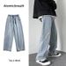 "Streetwear Elastic Waist Jeans – Stretchable Straight-Leg, Low-Rise Baggy Pants With Hand-Painted Accents ( Soft Modal Blend)"_mkmklike.com