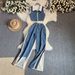 Women's Clothing Fashion Retro Sleeveless Short Denim Splicing Top Wide Leg Trousers Contrast Color Two Piece Suit_mkmklike.com