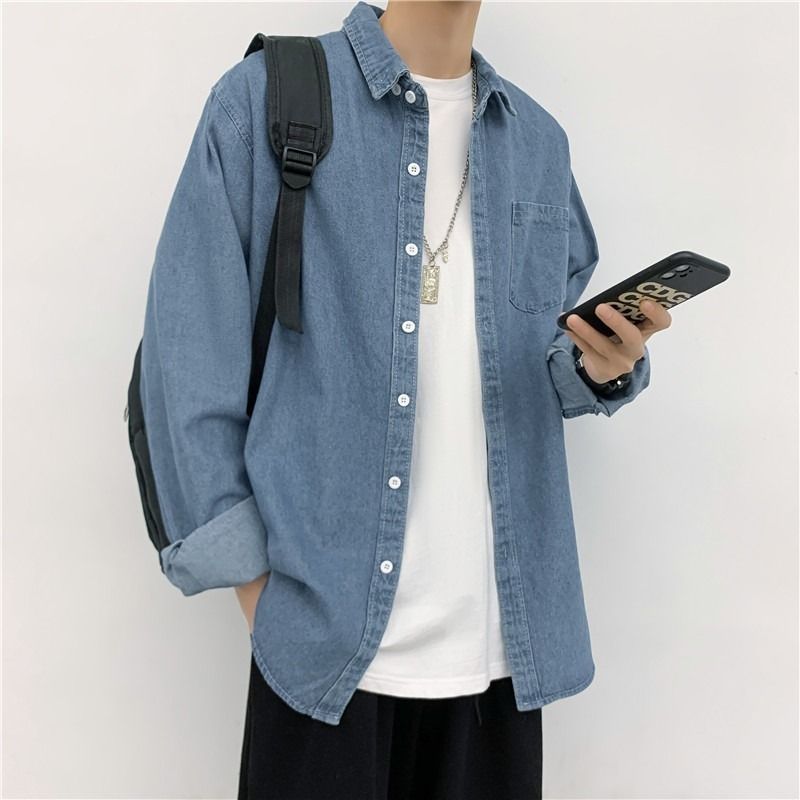 Harajuku Style Men's Denim Shirt Long Sleeve Hong Kong Style Casual Loose Spring And Autumn Shirt Men's Top Trendy Coat_mkmklike.com