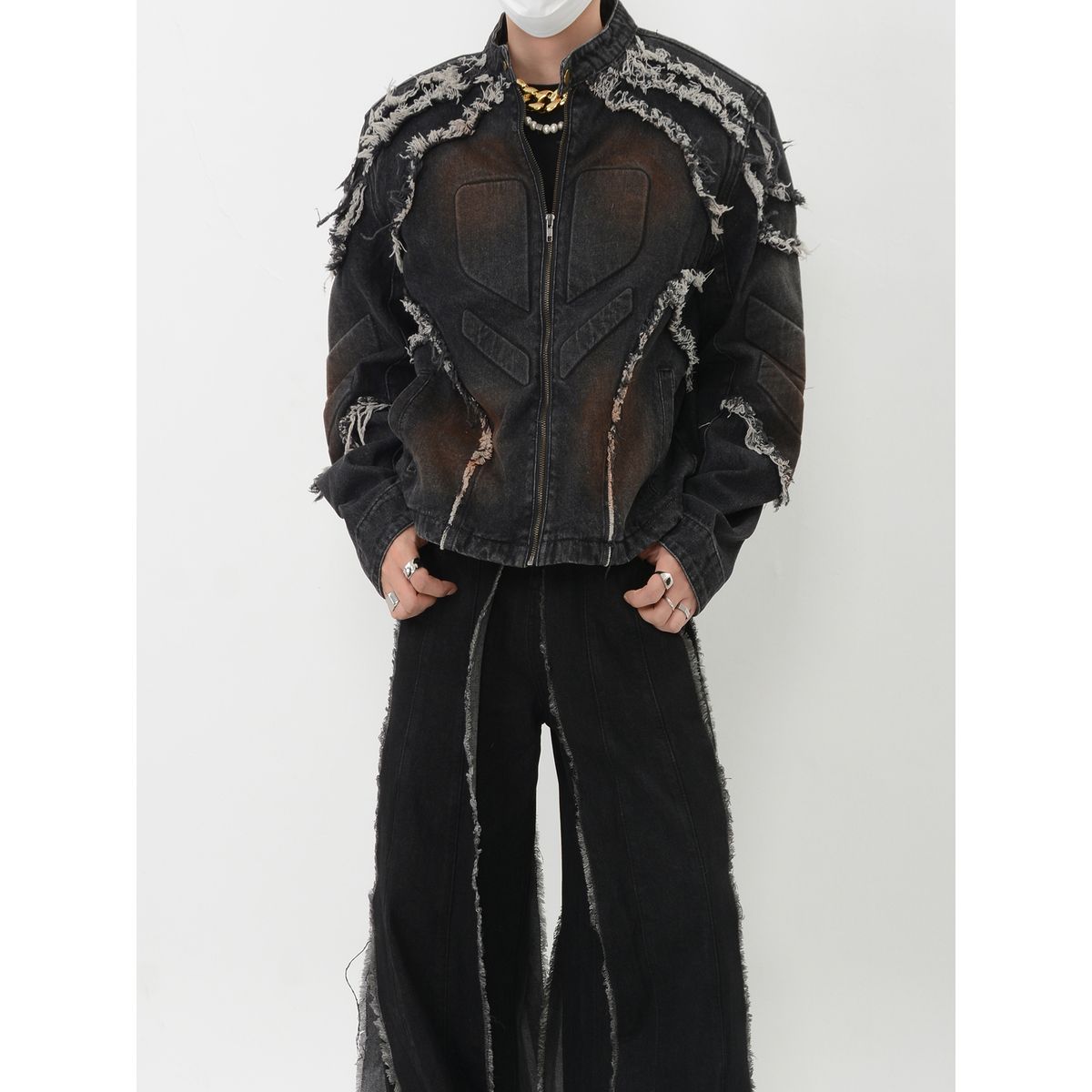 Men's Clothing Heavy Deconstructed Split Distressed Raw Edge Embossed Shoulder Pad Denim Jacket Design Tie Dye Fried Street Cool Jacket_mkmklike.com