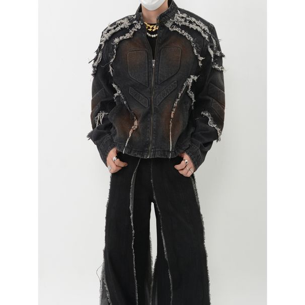 Men's Clothing Heavy Deconstructed Split Distressed Raw Edge Embossed Shoulder Pad Denim Jacket Design Tie Dye Fried Street Cool Jacket_mkmklike.com