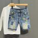 Men's Clothing Washed Blue Ripped Denim Shorts Trendy Splash Graffiti Slim Fit Five Point Pants_mkmklike.com