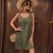 Women's Clothing new fashion U neck solid color sleeveless purse buckle cotton mid length dress_mkmklike.com