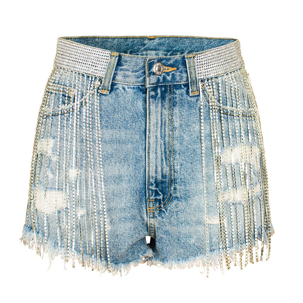 Women's Clothing Nightclub Tassels Showing Wide Legs, High Waist, Heavy Industry, Trendy Diamond Chain Denim Shorts For Women_mkmklike.com