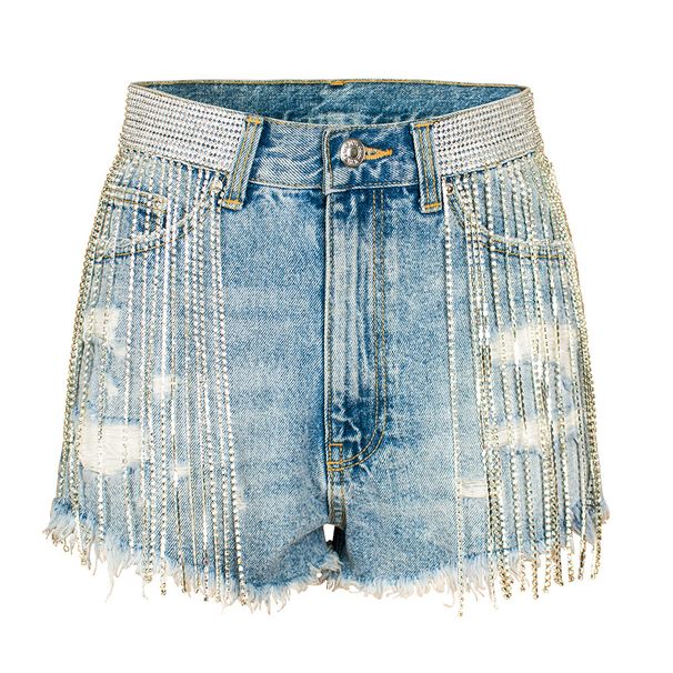 Women's Clothing Nightclub Tassels Showing Wide Legs, High Waist, Heavy Industry, Trendy Diamond Chain Denim Shorts For Women_mkmklike.com