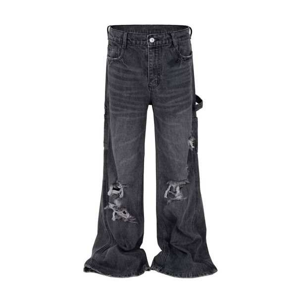 Men's Black Distressed Washed Denim Flared Jeans High Street Style Vibe Cool And Edgy Fashion for Men_mkmklike.com