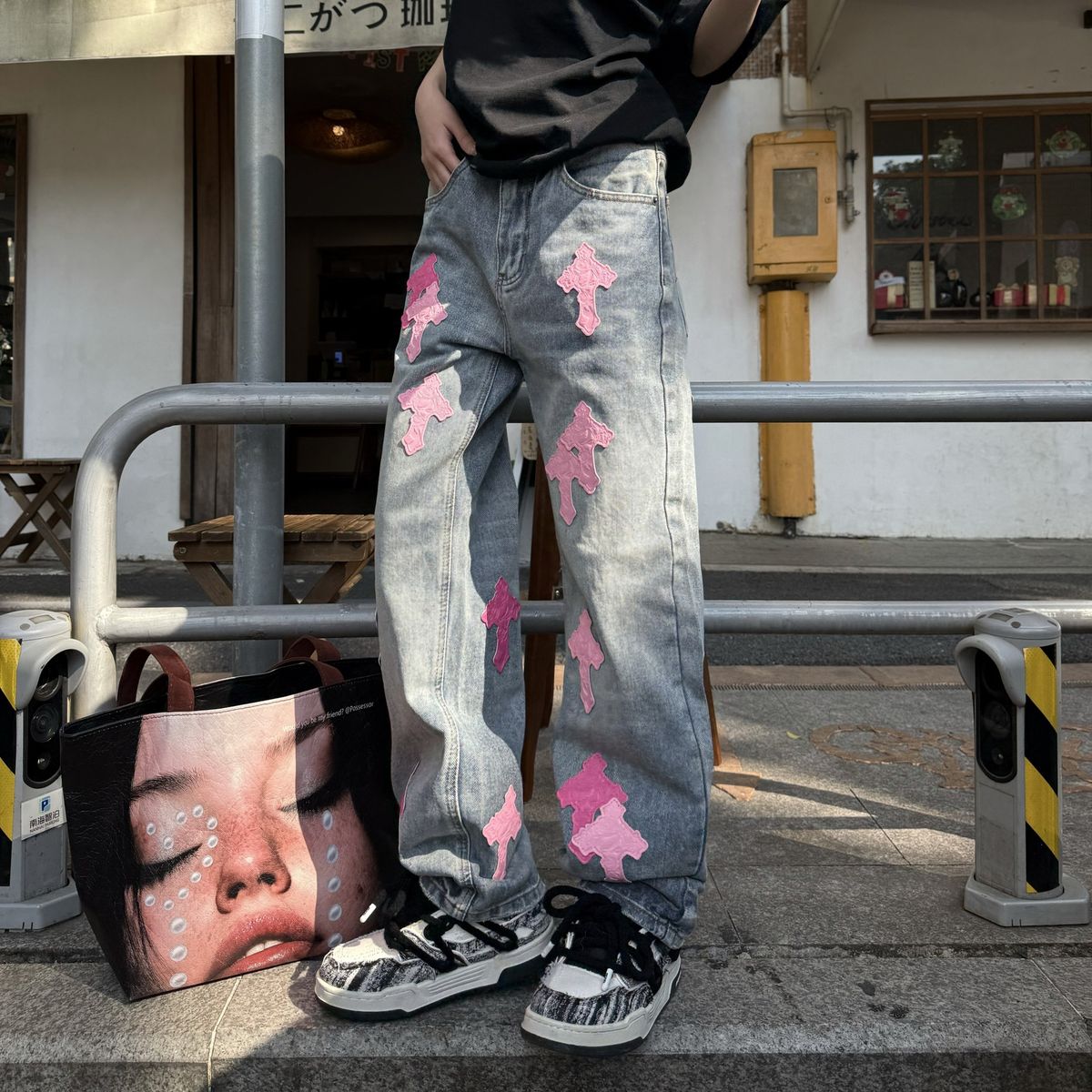 Men's American Style Cross Stitch Pink Patchwork Light Blue Washed Straight Leg Jeans - Slim Fit Casual Pants For Couples_mkmklike.com