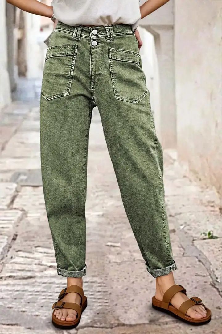 Women's Stretch Mid-Rise Straight Leg Jeans - Green Button Detail With Slant Pockets (S-XXL, All-Season Comfort)_mkmklike.com