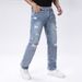 Men's Distressed Straight-Leg Jeans – Light Blue Washed Denim Pants With Ripped Details (30-40, Non-Stretch, Mid-Rise)_mkmklike.com