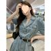 Suit Collar Denim Pleated Dress For Women In Summer, French Style Small Fragrance Style, Waist Cinching And Slimming_mkmklike.com