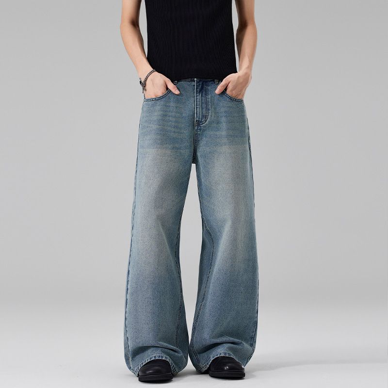 Men's Korean Style Retro Washed Distressed Jeans Loose Fit Straight Leg Versatile Flowing Floor Length Pants Unisex_mkmklike.com