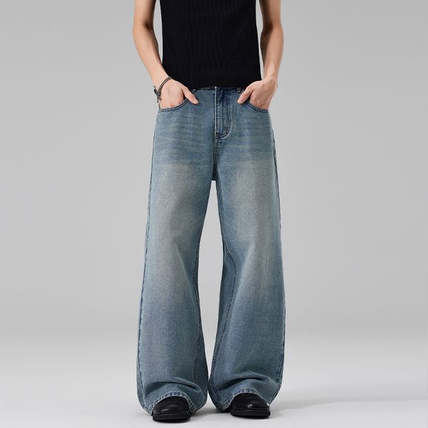 Men's Korean Style Retro Washed Distressed Jeans Loose Fit Straight Leg Versatile Flowing Floor Length Pants Unisex_mkmklike.com