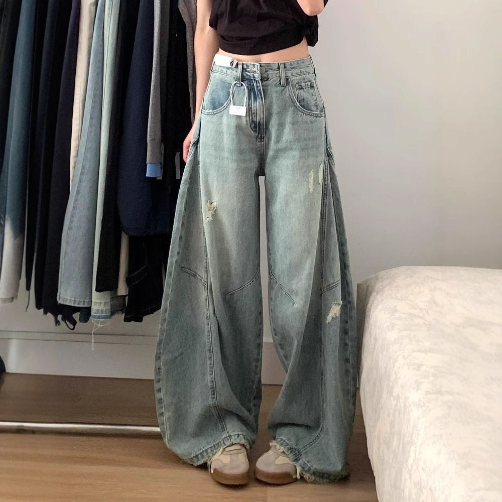 Women's High-Waisted Wide Leg Jeans Retro Washed Distressed Scimitar Design Straight Leg Floor-Length Summer Jeans_mkmklike.com