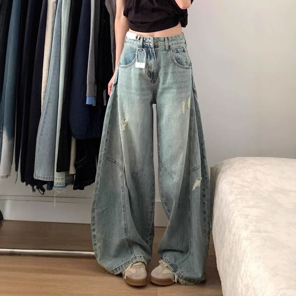 Women's High-Waisted Wide Leg Jeans Retro Washed Distressed Scimitar Design Straight Leg Floor-Length Summer Jeans_mkmklike.com