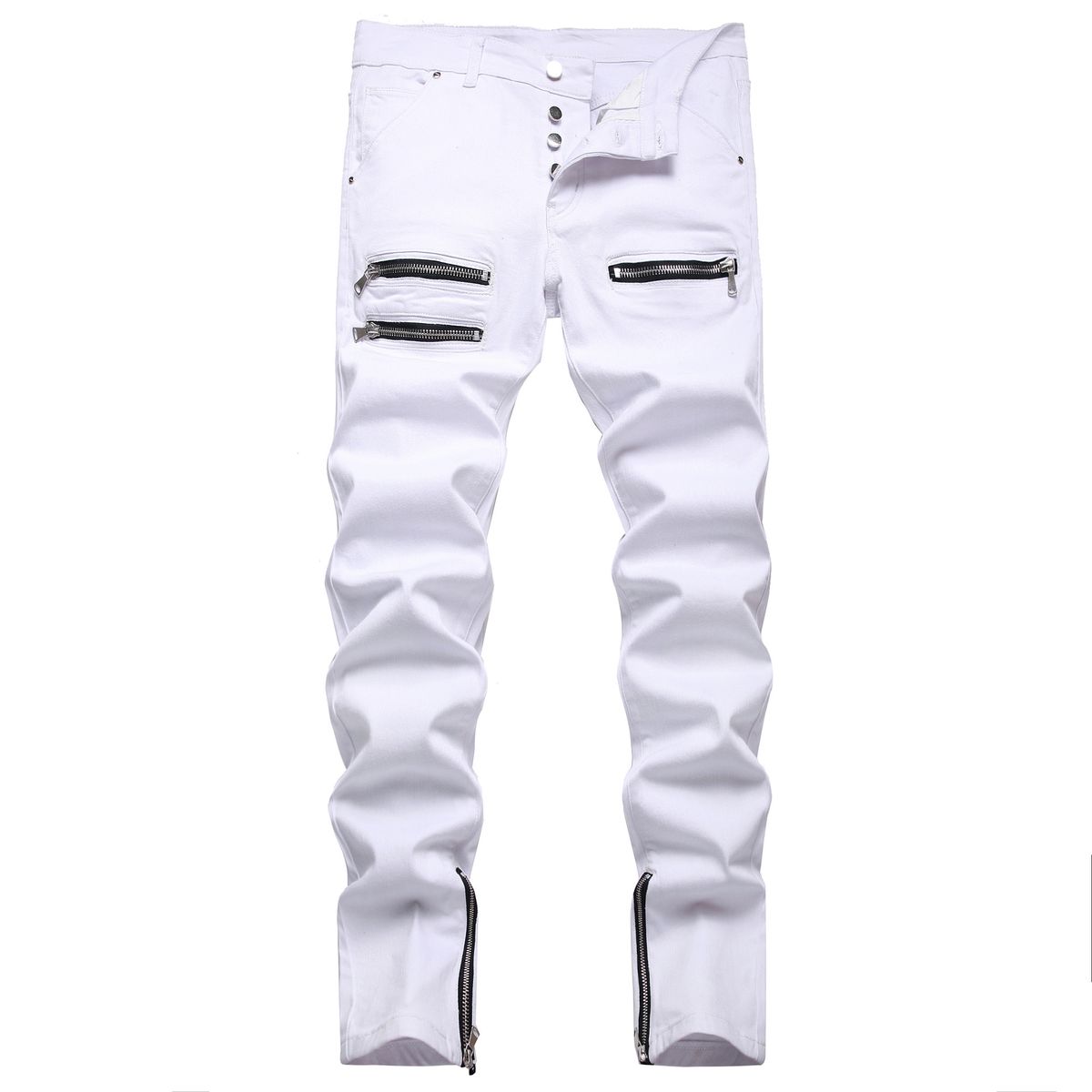 Men's White Stretch Denim Jeans With Zipper Accents, Slim Fit Straight Leg Mid-Rise Casual Trousers Comfortable Slim Straight Cut_mkmklike.com