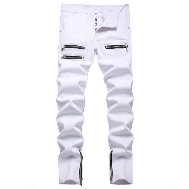 Men's White Stretch Denim Jeans With Zipper Accents, Slim Fit Straight Leg Mid-Rise Casual Trousers Comfortable Slim Straight Cut_mkmklike.com