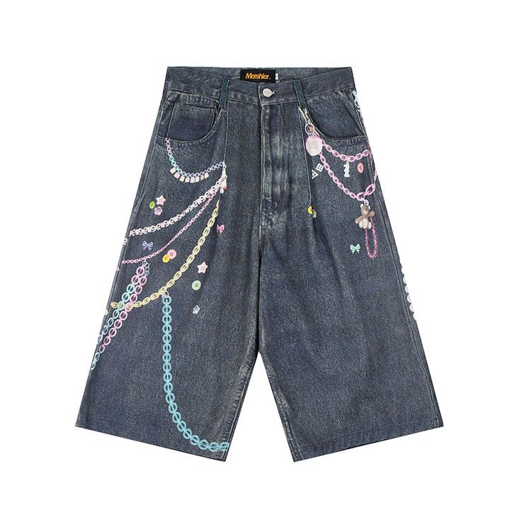 Hip Hop Chains Printed Jeans Shorts Streetwear Blue Casual Denim Shorts For Male Loose Fit_mkmklike.com
