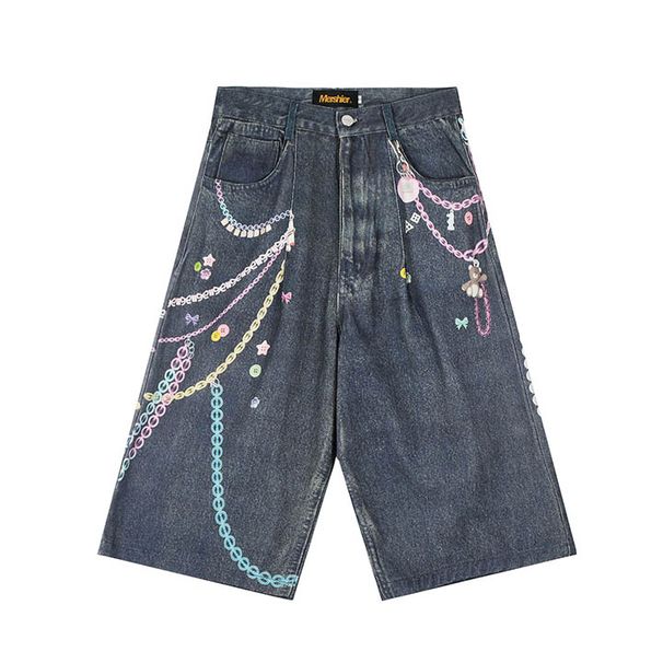 Hip Hop Chains Printed Jeans Shorts Streetwear Blue Casual Denim Shorts For Male Loose Fit_mkmklike.com