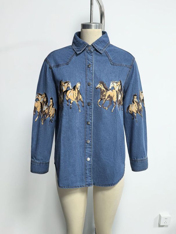 K Retro Denim Collar Shirt, Fashionable Wild Horse Print Denim Jacket_mkmklike.com