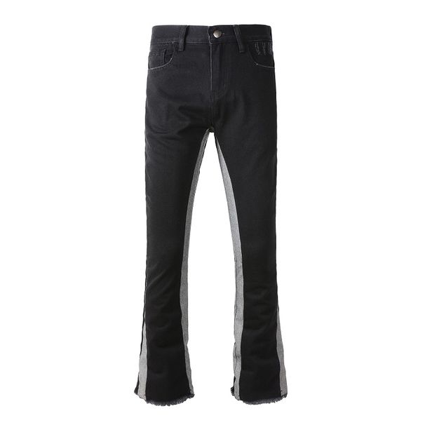 Men Boot Cut Denim Jeans Fringe Release Hem Spliced Black Pants Non Stretch Flared Trousers_mkmklike.com
