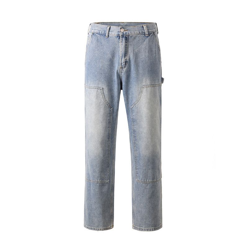 Men's Clothing High Street Water Washed Vibe Style Loose Patch Pocket Stitching Zipper Jeans Logging Pants_mkmklike.com