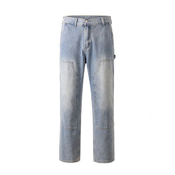 Men's Clothing High Street Water Washed Vibe Style Loose Patch Pocket Stitching Zipper Jeans Logging Pants_mkmklike.com