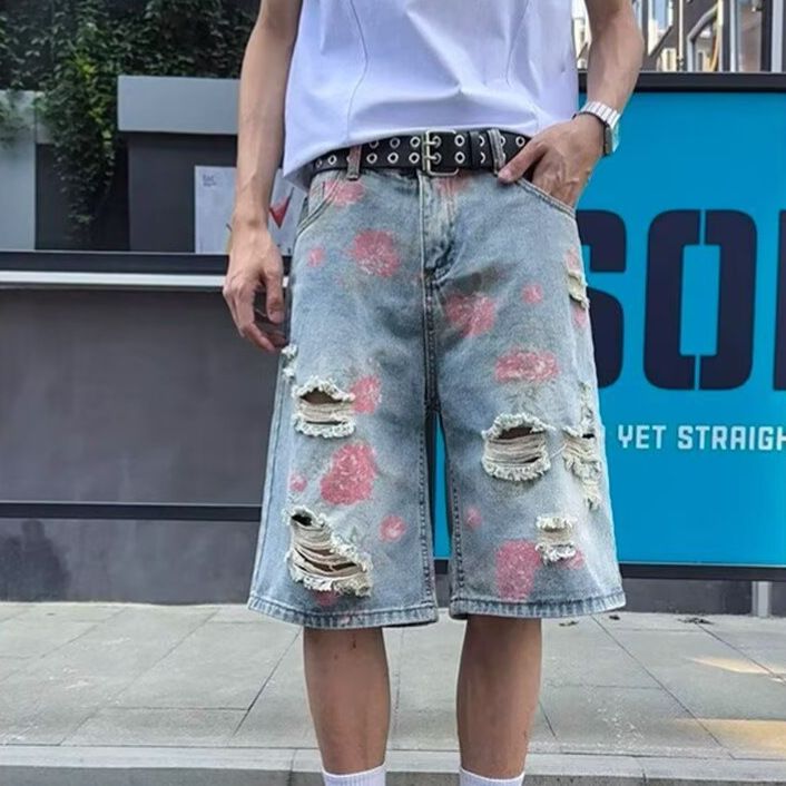 Men's Distressed Denim Shorts Rose Print Edgy Streetwear Style Comfortable Trendy Clothing_mkmklike.com