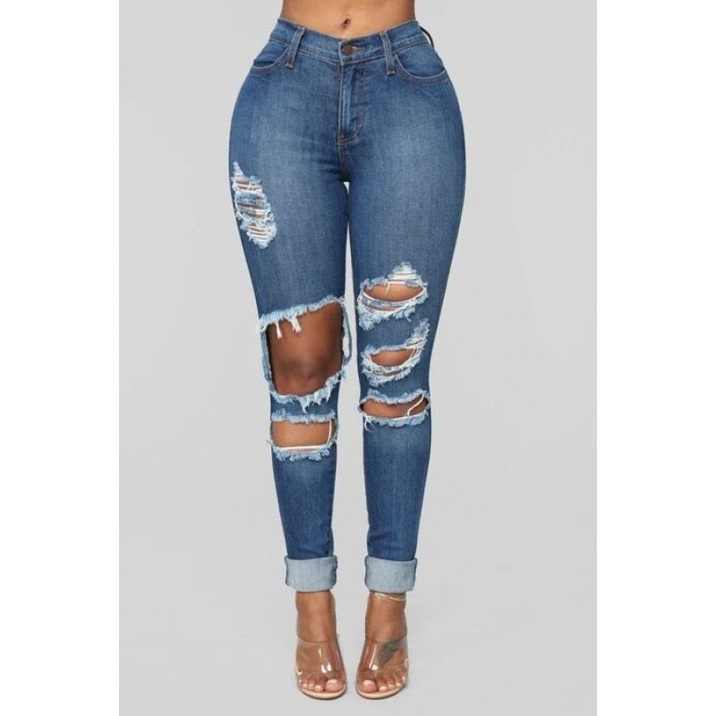 European And American Foreign Trade Cross-border High-waisted Stretch Ripped Slim-fit Women's Jeans_mkmklike.com