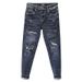 Thin Light Blue Washed Stretch Slim Fit Cropped Jeans For Summer Ripped Hem Trendy Casual Jeans_mkmklike.com
