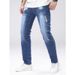 Men's Stretch Blue Ripped Jeans - High Street Fashion Straight Leg Denim Pants For Casual Wear Trend-Forward Distressing_mkmklike.com