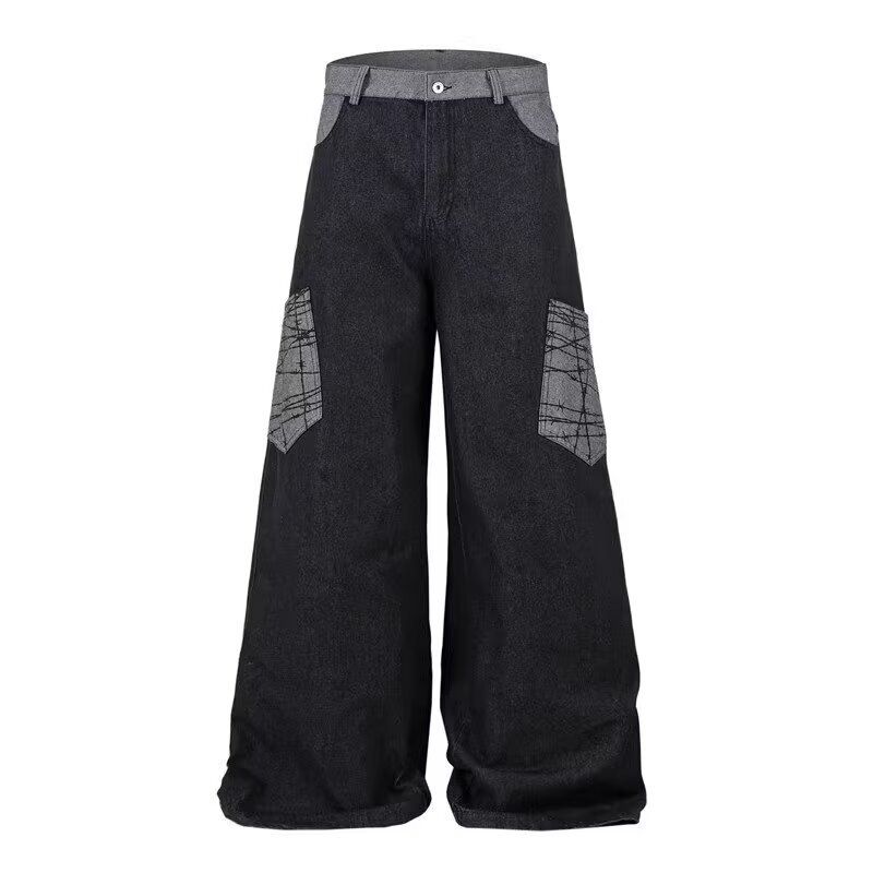 Vintage Americana Patchwork Bowie Jeans for Men Relaxed Wide-Leg Denim Pants Distressed Wash Black S-3XL_mkmklike.com