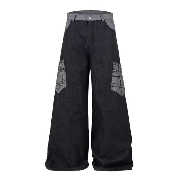 Vintage Americana Patchwork Bowie Jeans for Men Relaxed Wide-Leg Denim Pants Distressed Wash Black S-3XL_mkmklike.com