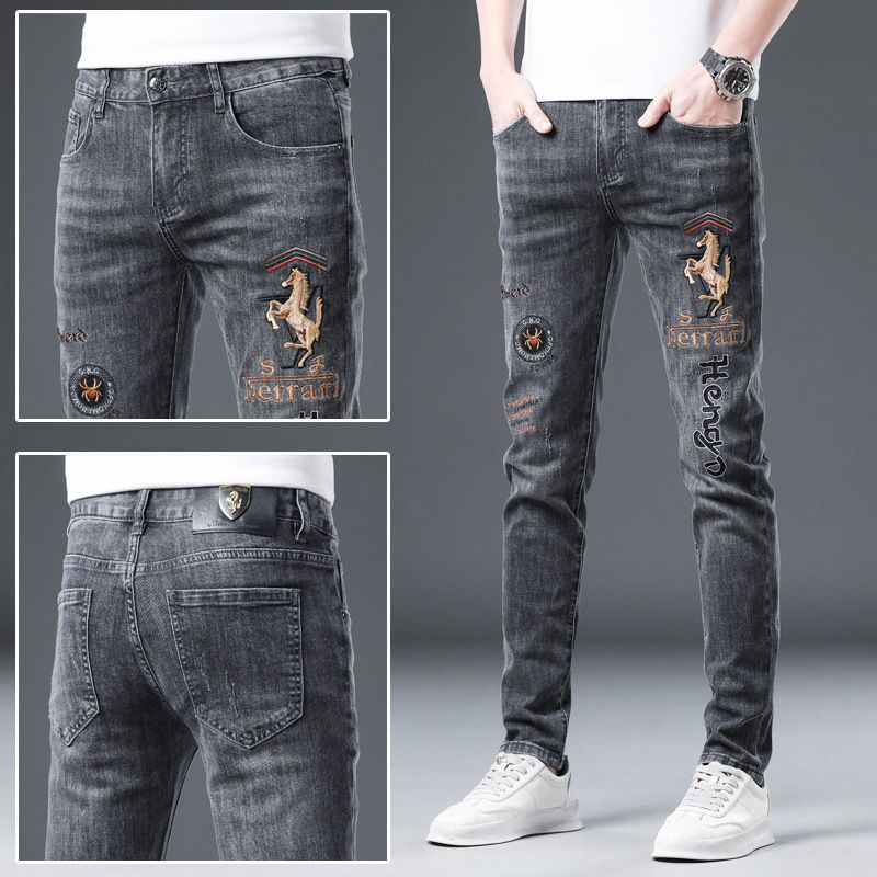 Men's Clothing Embroidered Pattern Black And Gray Personality Fashion Handsome Jeans Men's Trendy Brand Trendy Slim Fitting Casual Stretch Trousers_mkmklike.com