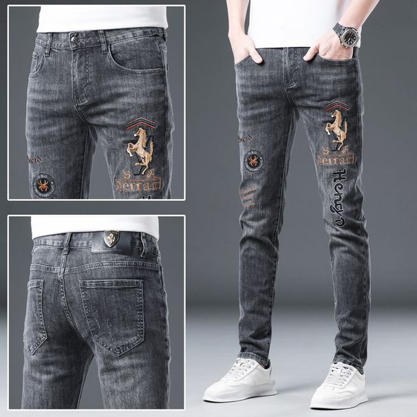 Men's Clothing Embroidered Pattern Black And Gray Personality Fashion Handsome Jeans Men's Trendy Brand Trendy Slim Fitting Casual Stretch Trousers_mkmklike.com