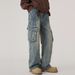 Men's Straight Leg Cargo Jeans Loose Fit Wide Leg Pocket American High Street Style Trendy Cool Washed Retro Patchwork Denim_mkmklike.com