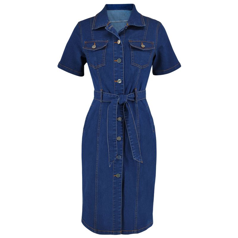 K Women's New Denim Collar Short Sleeved Waist Cinched Fitted Dress_mkmklike.com
