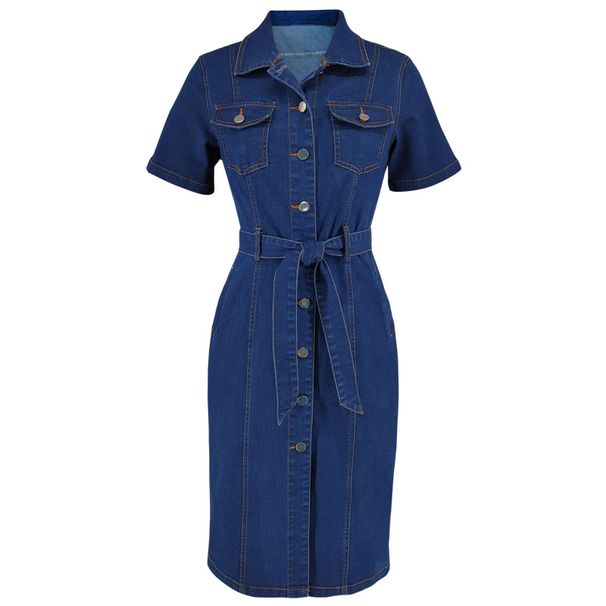 K Women's New Denim Collar Short Sleeved Waist Cinched Fitted Dress_mkmklike.com