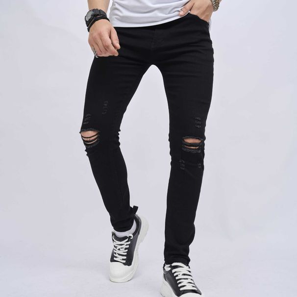 Pure Black High Street Trendy Brand Distressed Small Foot Elastic Denim Men's Slim Fit_mkmklike.com