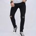 Pure Black High Street Trendy Brand Distressed Small Foot Elastic Denim Men's Slim Fit_mkmklike.com