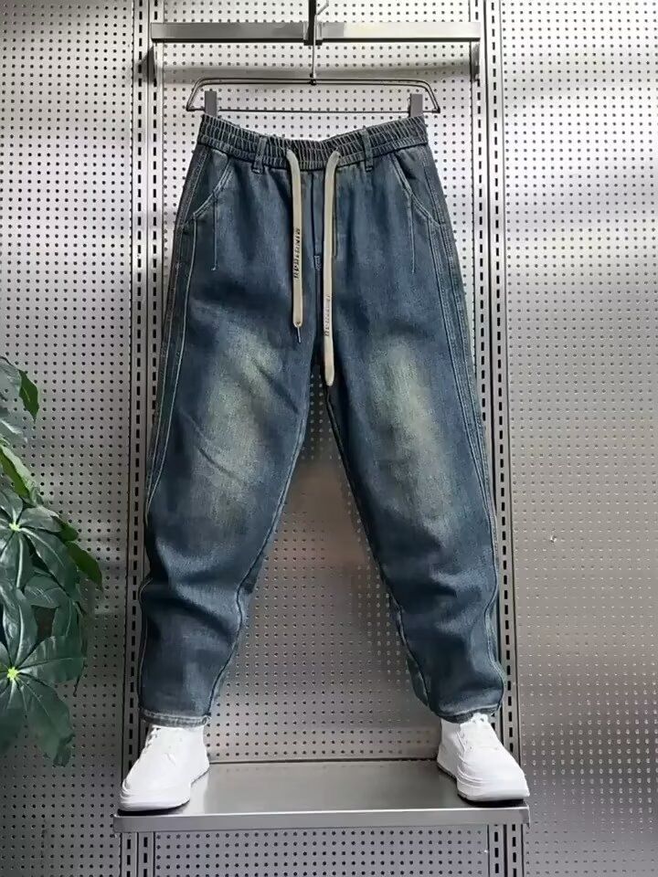 Men's Casual Straight Leg Washed Denim Pants - Stretch Comfort Fit, Vintage Style, Multiple Sizes (Blue)_mkmklike.com