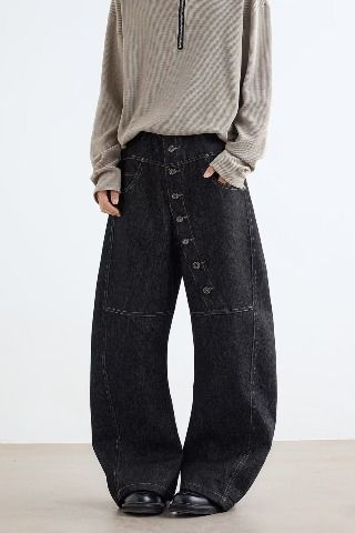 Curved Long Breasted Design Jeans Men's Autumn Popular High Street Loose Wide Leg Mopping Trousers Trend_mkmklike.com
