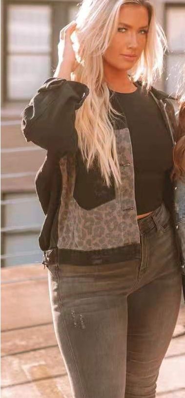 K New Denim Jacket For Women; Long-sleeved Coat With Leopard Print Patchwork Top_mkmklike.com