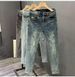 Men's Korean Style Stretchy Slim Fit Cropped Jeans Spring/Summer Cat Scratch Ripped Low Waist Blue Pants_mkmklike.com