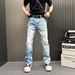 Light Blue Slim Fit Ripped Jeans For Men Straight Leg Washed Retro Style Slightly Flared Durable Harem Pants Spring Autumn_mkmklike.com