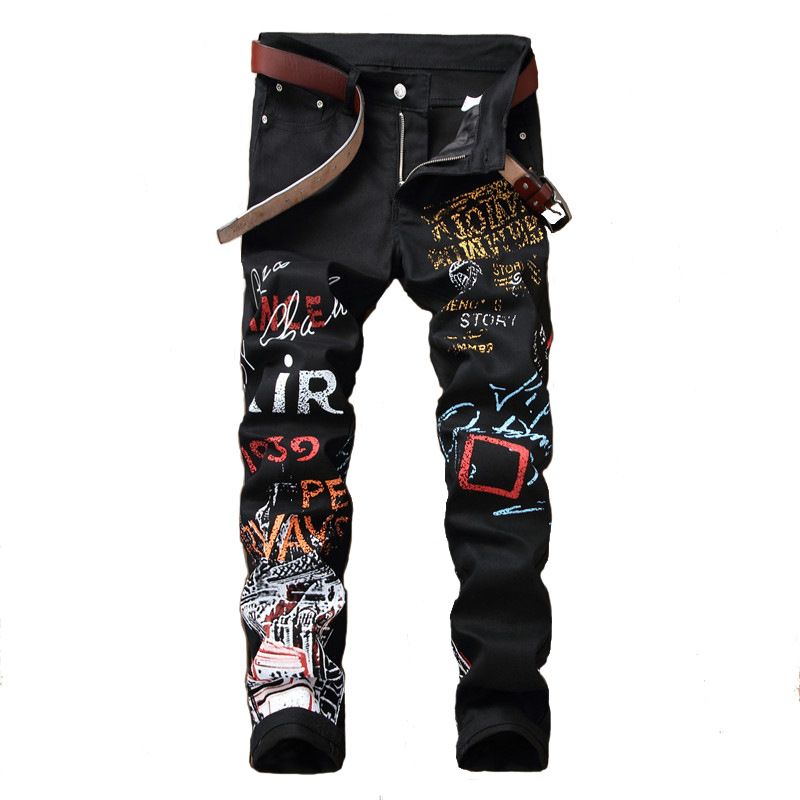 Jeans Men's Stretch Casual Pants Printed Straight Pants Street Fashion_mkmklike.com