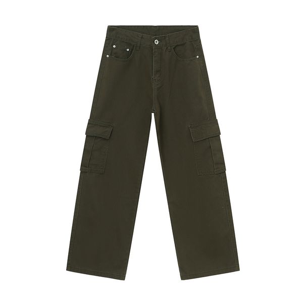 EF JEANS | 2024 New American Solid Color Large Pocket Overalls Army Green Casual Loose Straight Jeans_mkmklike.com